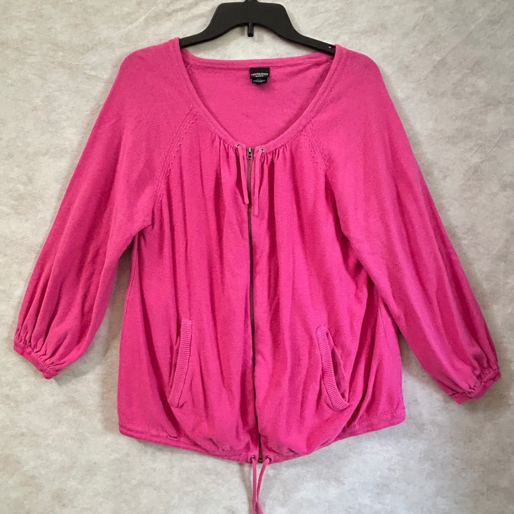 Canyon River Blues Hot Pink Full Zip Knit Cardigan XL Drawstring Hem Raglan